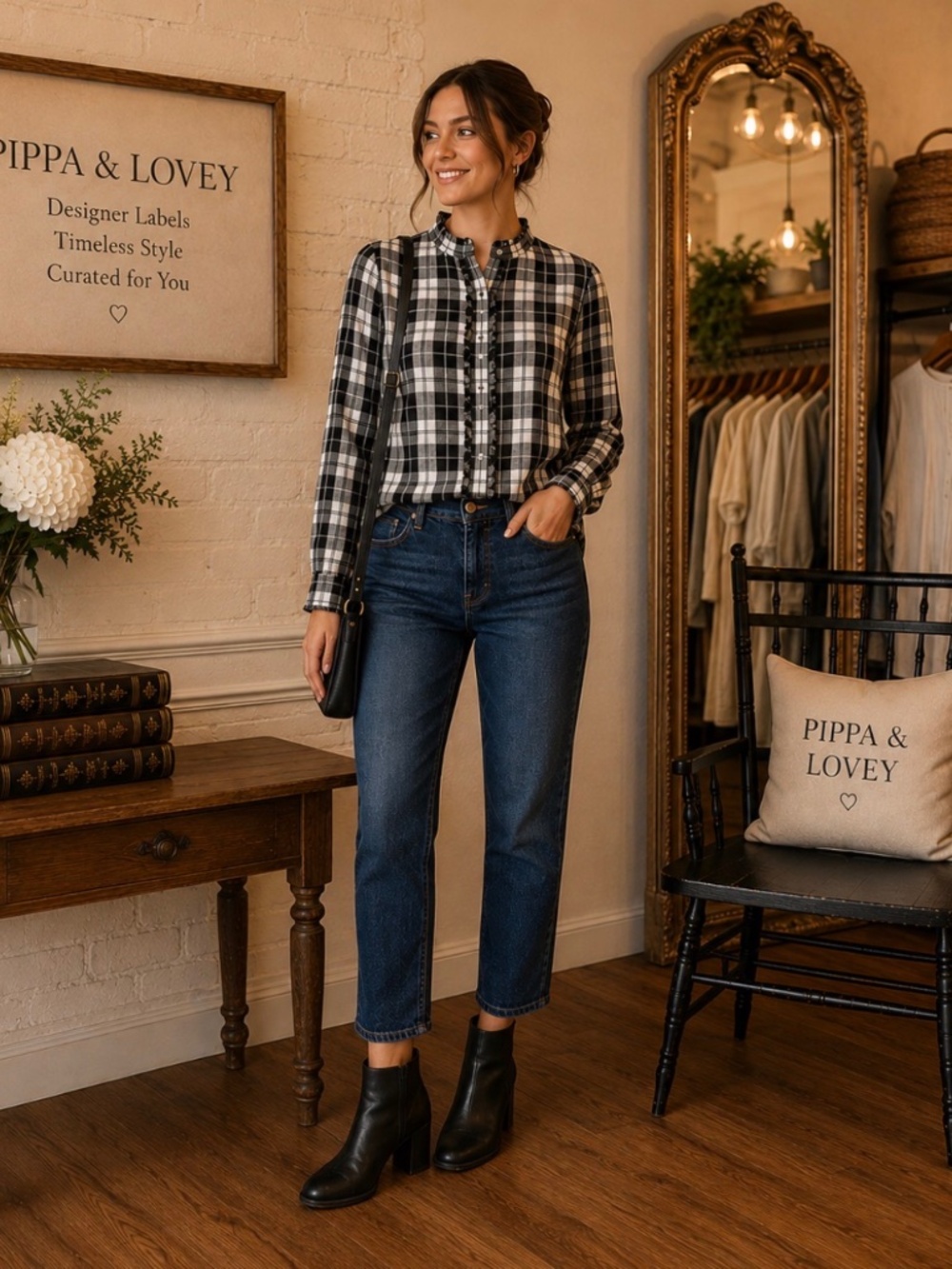 🖤 LOFT Black & White Plaid Ruffle-Trim Blouse —  NEW WITH TAGS | Size M